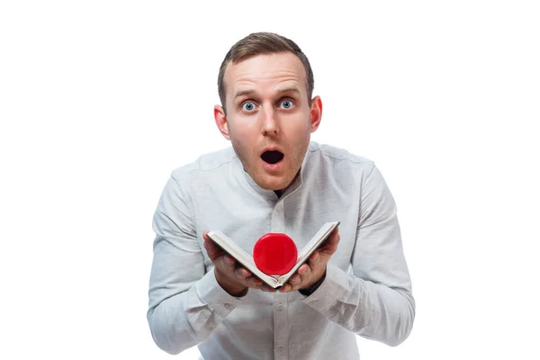 Caucasian man businessman, a teacher mentor. He is holding a diary and red dumbbell. He is wearing a shirt. Emotional portrait. Isolated on white background — Stock Image Caucasian Man Businessman Teacher Mentor Holding Diary Red Dumbbell Wearing Royalty Free Stock Images