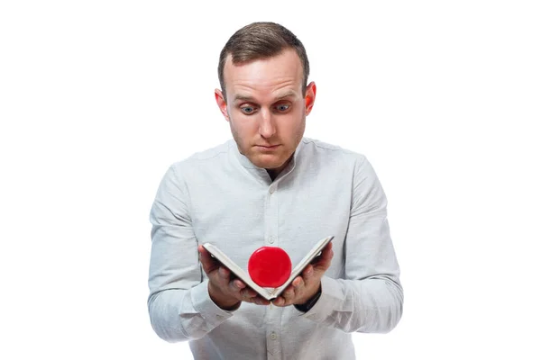 Caucasian man businessman, a teacher mentor. He is holding a diary and red dumbbell. He is wearing a shirt. Emotional portrait. Isolated on white background — Stock Image Caucasian Man Businessman Teacher Mentor Holding Diary Red Dumbbell Wearing Royalty Free Stock Photos