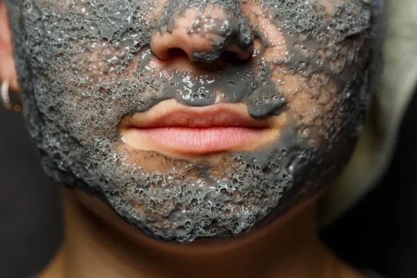 Beautiful Young Girl Tonic Foam Mask Her Face Towel Tied — Stock Photo, Image