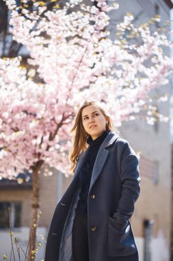 Şehrin sokaklarındaki ağaçta çiçeklerle sakura dalları. Gri paletli mutlu bir kadın elinde çiçekli sakurayla bir ara sokakta yürüyor. Açık havada çok güzel bir kız. Sakura ağacı çiçek açıyor..