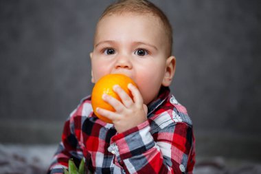 Gömlekli küçük çocuk ekoseye oturur ve meyveyi tutar.