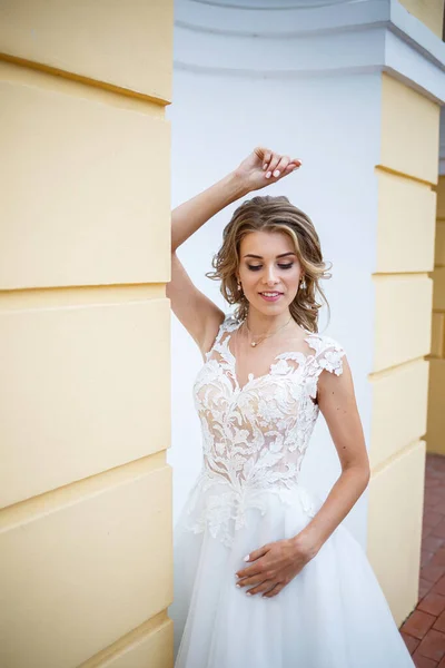 Retrato Uma Bela Jovem Dia Casamento Noiva Vestida Com Vestido — Fotografia de Stock
