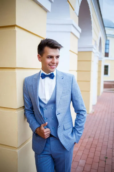 Young Guy Businessman Groom Wedding Day Stylish Clothing Walk Park — Stock Photo, Image