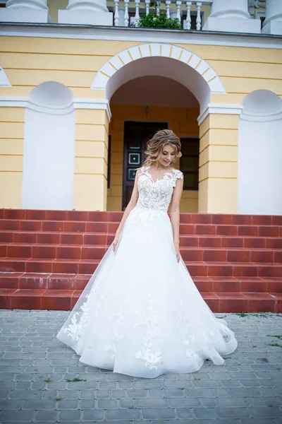 Bela Noiva Menina Vestido Branco Com Trem Andando Fundo Uma — Fotografia de Stock