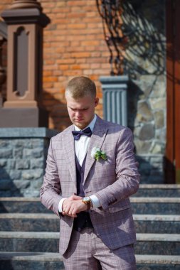 Güzel bir ekose takım elbise ve papyonlu damat.