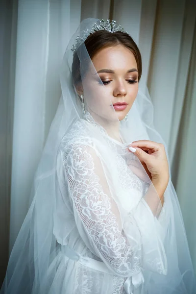 Schöne Braut Einem Hochzeitsmorgen Bademantel Und Schleier — Stockfoto