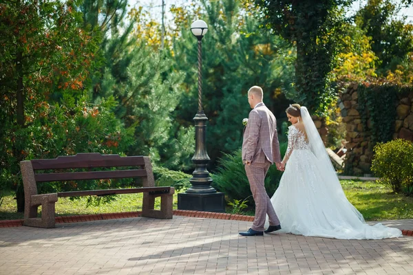 Noiva Vestido Branco Noivo Traje Abraçar Andar Parque — Fotografia de Stock