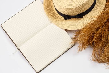 Kadın aksesuarları defter, şapka, yaşam tarzı, kadın, dinlenme, kuru çim, dekor, düz yatak, arka planda renk tarzı. Seyahat, turizm konsepti. Plaj aksesuarları üst görünüm.