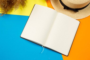 Kadın aksesuarları defter, şapka, yaşam tarzı, kadın, rahatla, arka planda kuru çim, dekor, düz yatak, renk tarzı. Seyahat, turizm konsepti. Plaj aksesuarları üst görünüm.