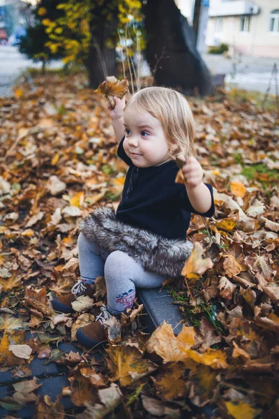 Una Bambina Anni Piedi Sorride Bambino Lancia Foglie Ragazza Allegra — Foto Stock