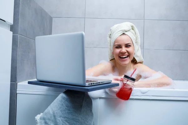 Young Woman Towel Her Head Drinks Juice Watching Movie Laptop — Stock Photo, Image