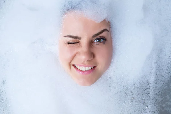 Closeup Portrait Girl Bathtub White Foam Her Face Different Emotions — Stock Photo, Image