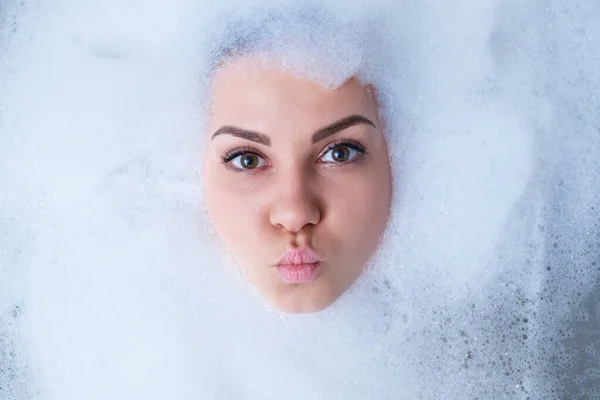 Closeup Portrait Girl Bathtub White Foam Her Face Different Emotions — Stock Photo, Image