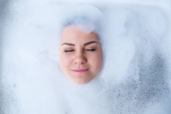 Closeup Portrait Girl Bathtub White Foam Her Face Different Emotions — Stock Photo, Image