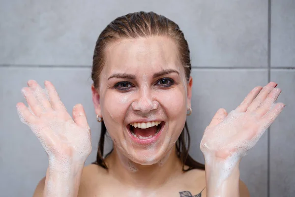 Face Skin Care Woman Applying Facial Cleanser Face Closeup Girl — Stock Photo, Image