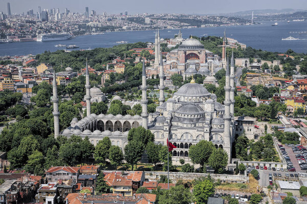 Aerial view of The Blue Mosque and Hagia Sophia in Istanbul