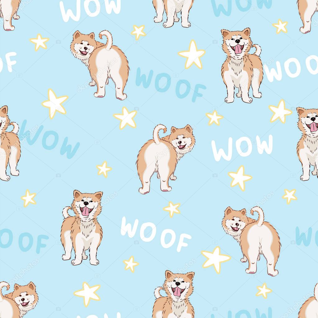 seamless pattern with cute cartoon drawing dogs akita, funny adorable pets, on blue background with stars, perfect for kids fabric, textile, decoration, editable vector illustration