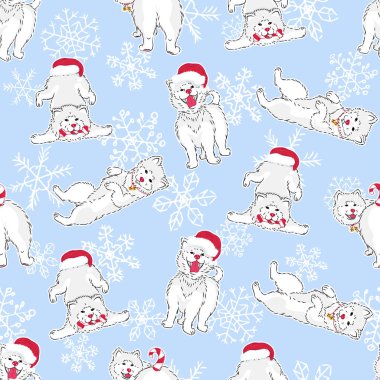 Noel şapkalarıyla komik beyaz köpek çizen, kar taneleriyle açık mavi arka planda şeker kamışı çizen, kumaş, tekstil ve dekorasyon için düzenlenebilir vektör ilüstrasyonlu kusursuz desenler.