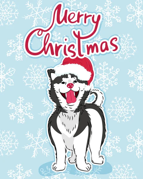 Frohe Weihnachten Slogan Grußkarte Mit Niedlichen Lustigen Husky Hund Weihnachtsmütze — Stockvektor