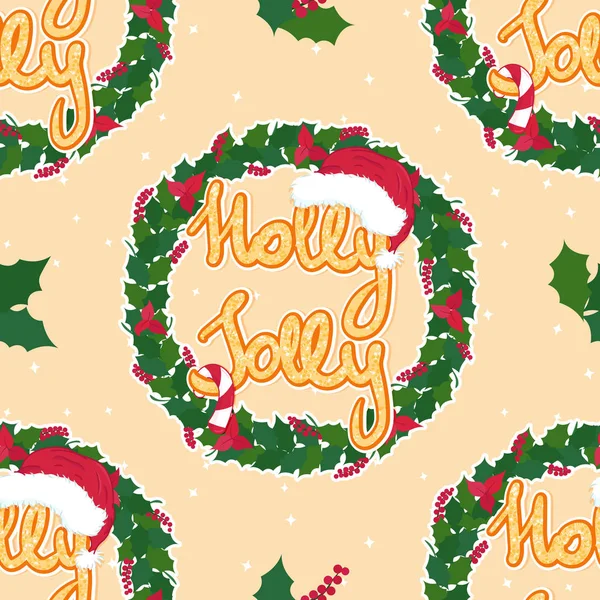 Holly Jolly Slogan Cute Seamless Christmas Pattern Light Yellow Background — Stock Vector