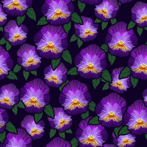 Imitace Výšivka Viola Květ Tropické Bezešvé Vzor Ruční Kreslení Barevné — Stockový vektor