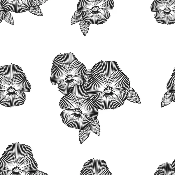 模倣刺繍ビオラ花抽象的なシームレスなパターン 白い背景に黒い線の花を描く手 ファブリック テキスタイル 装飾のための編集可能なベクトルイラスト — ストックベクタ