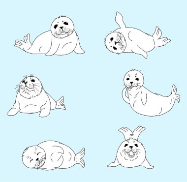 Kawaii kürk fokları, bebek nerpalar, karikatür çizimleri izole edilmiş karakterler, sevimli hayvanlar, çocuk baskısı, dekorasyon, çıkartmalar için düzenlenebilir vektör çizimleri.