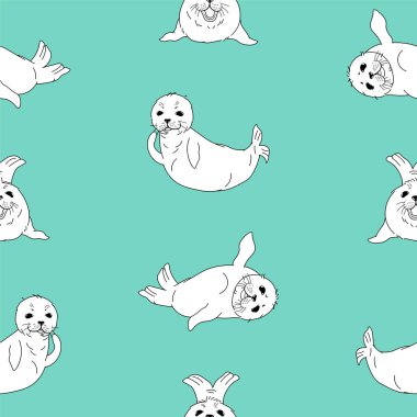 çizgi film kawaii kürk fokları çiziyor, yeşil arka planda bebek nerpalar kusursuz desen, sevimli hayvanlar, çocuklar için düzenlenebilir vektör çizimi kumaş, tekstil, kağıt, dekorasyon