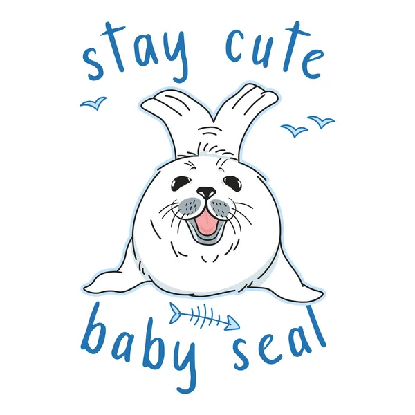 Mignonne Otarie Fourrure Kawaii Rester Mignon Slogan Bébé Nerpa Isolé — Image vectorielle