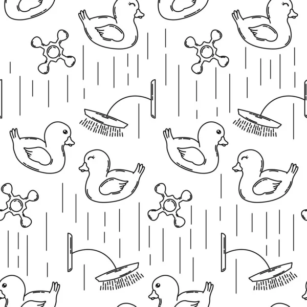 Cartoon Zeichnung Enten Schwarze Linien Silhouetten Mit Dusche Nahtlose Muster — Stockvektor