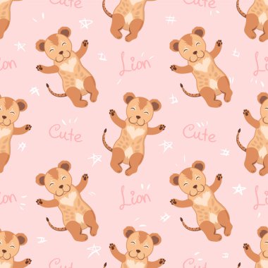 Sevimli bebek kucaklayan aslan pürüzsüz deseni, çizgi film çizen gülen hayvan, çocuklar için düzenlenebilir vektör çizimi kumaş, tekstil, baskı, kağıt, süsleme