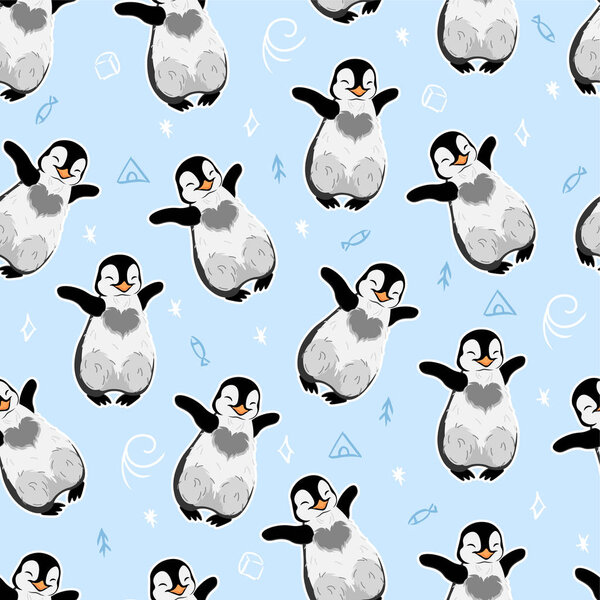 little baby hugging penguin with doodle tribal elements on blue background seamless pattern, editable vector illustration for kids fabric, textile, paper, decoration