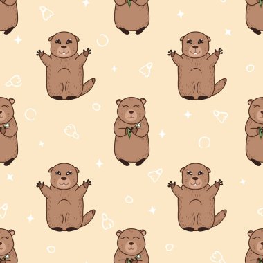 Sarı zemin üzerinde çizgi film karakteri ve karalama elemanları olan mutlu yay pürüzsüz desen, çocuklar için düzenlenebilir vektör çizimi kumaş, tekstil, kağıt, süsleme