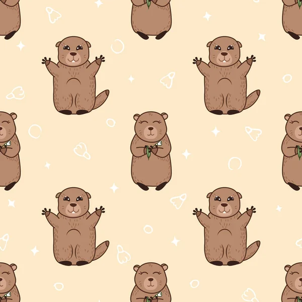 Heureux Motif Sans Couture Printemps Avec Des Marmottes Dessin Animé — Image vectorielle