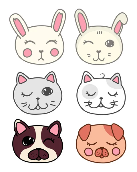 Kawaii Doodle Haustiere Niedliche Haustiere Schöne Cartoon Zeichnung Katze Hase — Stockvektor