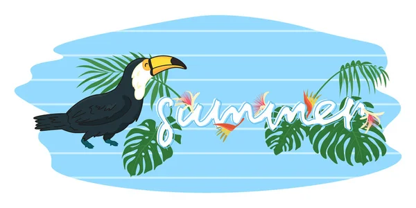 ライトブルーの背景にかわいい漫画黒のタッチ 葉や花と野生の熱帯鳥 夏の装飾のための編集可能なベクトルイラスト 販売バナー ポスター — ストックベクタ