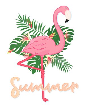 Beyaz arka planda sevimli pembe flamingo, egzotik yaprakları ve çiçekleri olan vahşi tropikal kuş, el yazısı, yaz dekorasyonu için düzenlenebilir vektör çizimi, afiş, poster, baskı