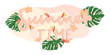 Hafif arka planda el yazısıyla yazılmış bir yaz sloganı, tropik egzotik yapraklar ve çiçekler, el yazısı, tropik yaz dekorasyonu için düzenlenebilir vektör çizimi, afiş, poster, baskı