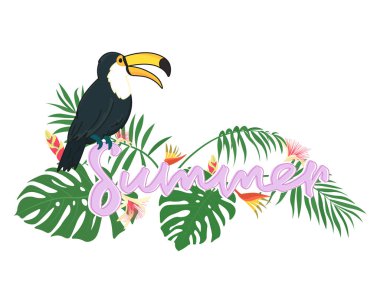 cute cartoon black toucan on white background, wild tropical bird with exotic leaves and flowers, hand lettering, editable vector illustration for summer decoration, banner, poster, print