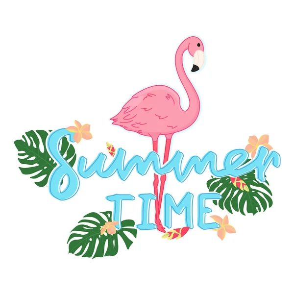 白い背景にかわいい漫画ピンクフラミンゴ エキゾチックな葉や花を持つ野生の熱帯鳥 手のレタリング 夏の時間の装飾のための編集可能なベクトルイラスト バナー ポスター — ストックベクタ