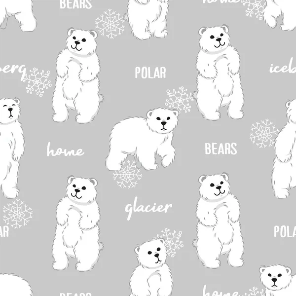 Niedlichen Weißen Pelzigen Eisbären Nahtlose Muster Auf Grauem Hintergrund Cartoon Vektorgrafiken
