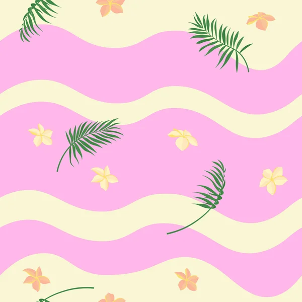 Bunte Wellenstreifen Nahtloses Muster Mit Tropischen Blumen Und Blättern Exotische — Stockvektor