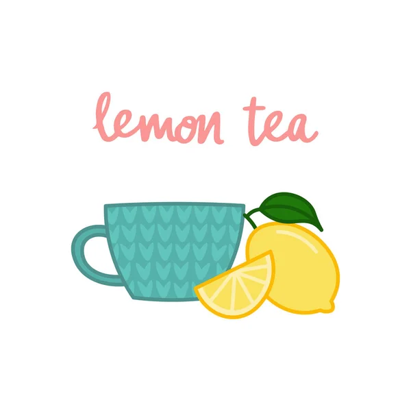 ジューシーな新鮮なレモンと漫画ティーマグカップ かわいいカラフルなカップ カード ステッカーのための編集可能なベクトルイラスト — ストックベクタ