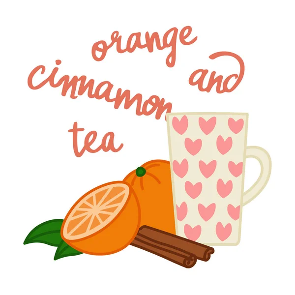 ジューシーなオレンジとシナモンと漫画ティーマグカップ かわいいカラフルなカップ カード ステッカーのための編集可能なベクトルイラスト — ストックベクタ