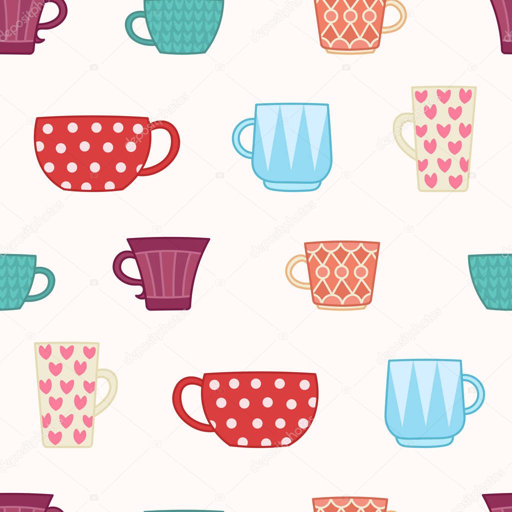 cartoon coffee or tea mugs seamless pattern, cute colorful cups, editable vector illustration for decoration, card, print, fabric, textile, paper