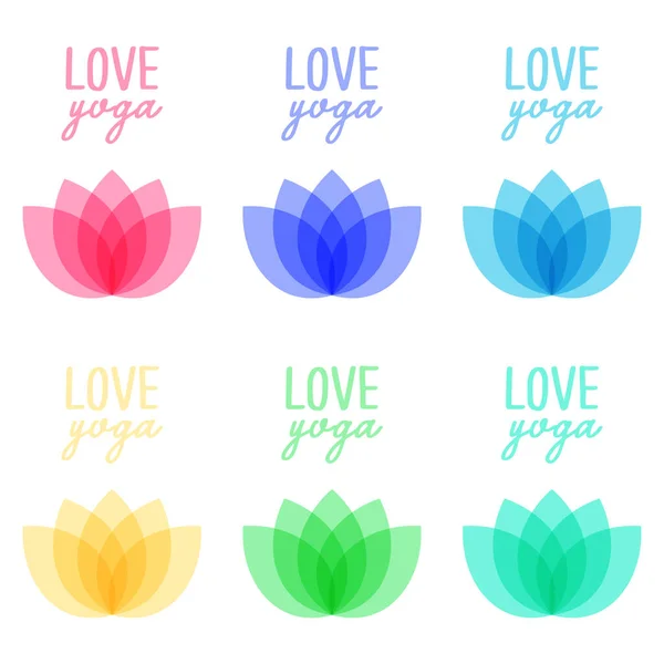 Set Verschiedenfarbiger Handgeschriebener Slogans Liebe Yoga Und Lotusblumen Niedliches Cartoon Vektorgrafiken