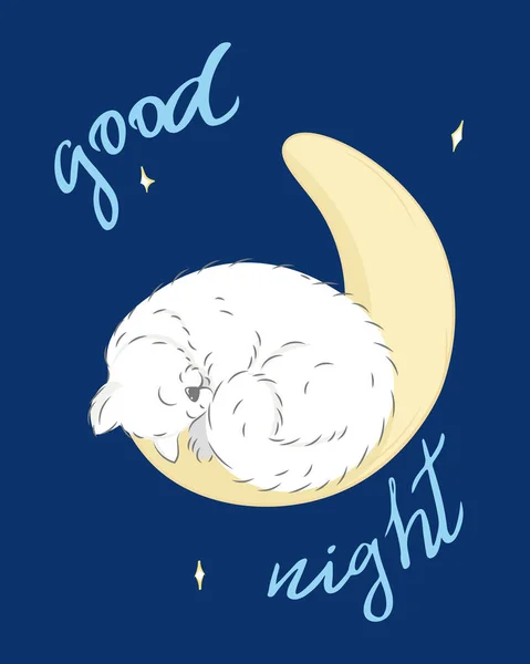 Kawaii Cartoon Cat Sleep Moon Night Blue Background Cute Furry — Stock Vector