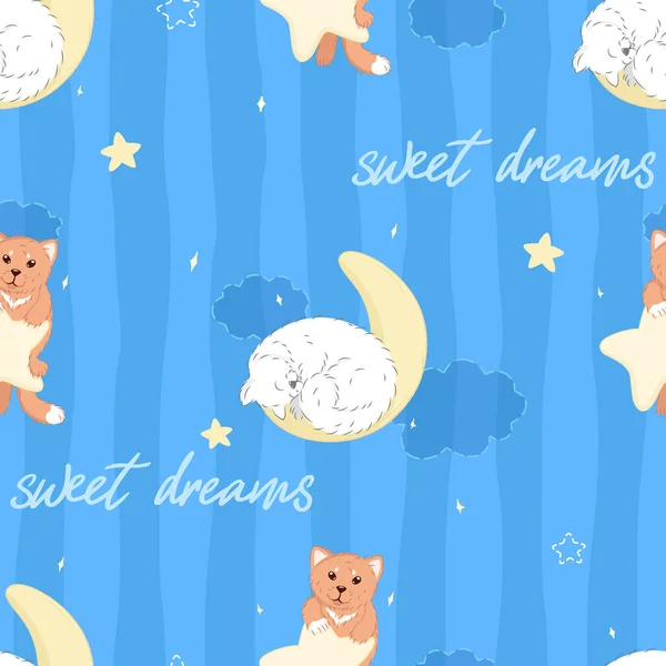 Kawaii Desenhos Animados Gatos Com Lua Estrela Sobre Listrado Azul — Vetor de Stock