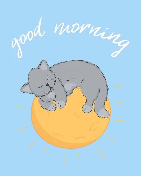 Kawaii Cartoon Katze Schläft Auf Sonne Auf Himmelblauem Hintergrund Niedliche lizenzfreie Stockillustrationen