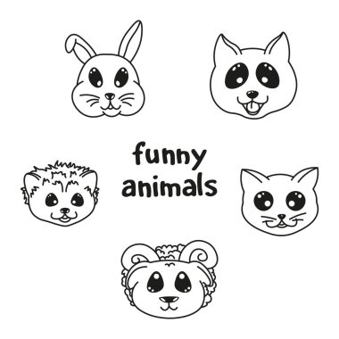 Bir takım kawai karalama hayvanları, sevimli evcil hayvan çizimleri, koç, köpek, kedi, kirpi, çocuk dekorasyonu, boyama kitabı, çıkartmalar için düzenlenebilir vektör çizimleri